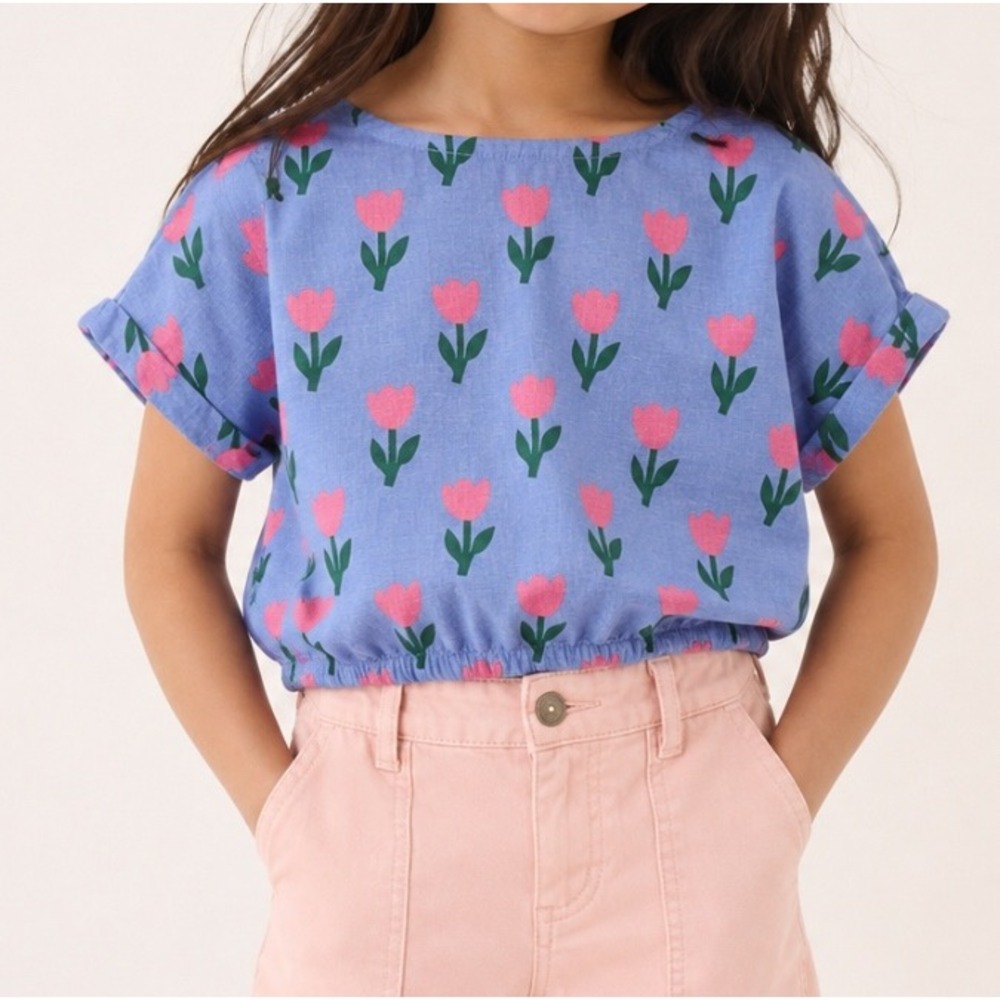 Hanna Andersson‎ Girls Floral Top Size 6-7 (120) Cotton Linen Spring Tulips